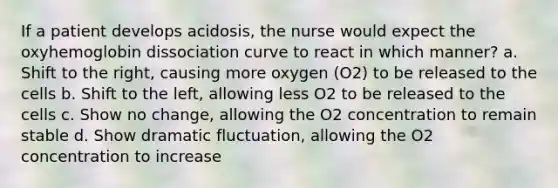 If a patient develops acidosis, the nurse would expect the oxyhemoglobin dissociation curve to react in which manner? a. Shift to the right, causing more oxygen (O2) to be released to the cells b. Shift to the left, allowing less O2 to be released to the cells c. Show no change, allowing the O2 concentration to remain stable d. Show dramatic fluctuation, allowing the O2 concentration to increase