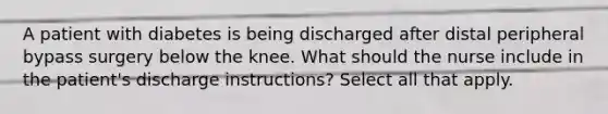 A patient with diabetes is being discharged after distal peripheral bypass surgery below the knee. What should the nurse include in the patient's discharge instructions? Select all that apply.