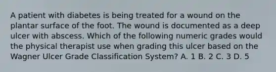 A patient with diabetes is being treated for a wound on the plantar surface of the foot. The wound is documented as a deep ulcer with abscess. Which of the following numeric grades would the physical therapist use when grading this ulcer based on the Wagner Ulcer Grade Classification System? A. 1 B. 2 C. 3 D. 5