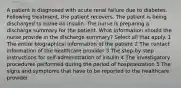 A patient is diagnosed with acute renal failure due to diabetes. Following treatment, the patient recovers. The patient is being discharged to home on insulin. The nurse is preparing a discharge summary for the patient. What information should the nurse provide in the discharge summary? Select all that apply. 1 The entire biographical information of the patient 2 The contact information of the healthcare provider 3 The step-by-step instructions for self-administration of insulin 4 The investigatory procedures performed during the period of hospitalization 5 The signs and symptoms that have to be reported to the healthcare provider