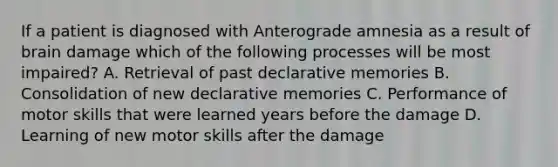 If a patient is diagnosed with Anterograde amnesia as a result of brain damage which of the following processes will be most impaired? A. Retrieval of past declarative memories B. Consolidation of new declarative memories C. Performance of motor skills that were learned years before the damage D. Learning of new motor skills after the damage