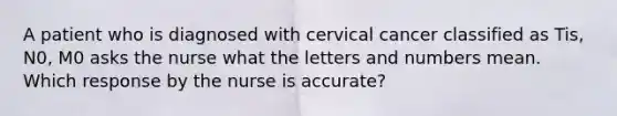 A patient who is diagnosed with cervical cancer classified as Tis, N0, M0 asks the nurse what the letters and numbers mean. Which response by the nurse is accurate?