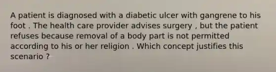 A patient is diagnosed with a diabetic ulcer with gangrene to his foot . The health care provider advises surgery , but the patient refuses because removal of a body part is not permitted according to his or her religion . Which concept justifies this scenario ?