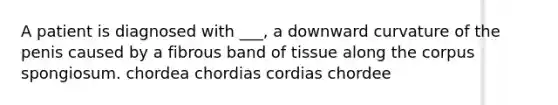 A patient is diagnosed with ___, a downward curvature of the penis caused by a fibrous band of tissue along the corpus spongiosum. chordea chordias cordias chordee