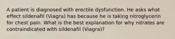 A patient is diagnosed with erectile dysfunction. He asks what effect sildenafil (Viagra) has because he is taking nitroglycerin for chest pain. What is the best explanation for why nitrates are contraindicated with sildenafil (Viagra)?