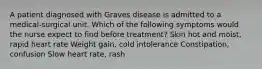 A patient diagnosed with Graves disease is admitted to a medical-surgical unit. Which of the following symptoms would the nurse expect to find before treatment? Skin hot and moist, rapid heart rate Weight gain, cold intolerance Constipation, confusion Slow heart rate, rash