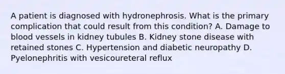 A patient is diagnosed with hydronephrosis. What is the primary complication that could result from this condition? A. Damage to blood vessels in kidney tubules B. Kidney stone disease with retained stones C. Hypertension and diabetic neuropathy D. Pyelonephritis with vesicoureteral reflux