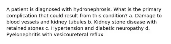 A patient is diagnosed with hydronephrosis. What is the primary complication that could result from this condition? a. Damage to blood vessels and kidney tubules b. Kidney stone disease with retained stones c. Hypertension and diabetic neuropathy d. Pyelonephritis with vesicoureteral reflux