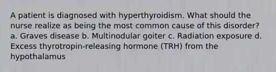 A patient is diagnosed with hyperthyroidism. What should the nurse realize as being the most common cause of this disorder? a. Graves disease b. Multinodular goiter c. Radiation exposure d. Excess thyrotropin-releasing hormone (TRH) from the hypothalamus