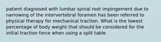 patient diagnosed with lumbar spinal root impingement due to narrowing of the intervertebral foramen has been referred to physical therapy for mechanical traction. What is the lowest percentage of body weight that should be considered for the initial traction force when using a split table