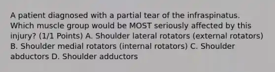 A patient diagnosed with a partial tear of the infraspinatus. Which muscle group would be MOST seriously affected by this injury? (1/1 Points) A. Shoulder lateral rotators (external rotators) B. Shoulder medial rotators (internal rotators) C. Shoulder abductors D. Shoulder adductors