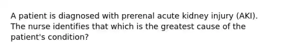 A patient is diagnosed with prerenal acute kidney injury (AKI). The nurse identifies that which is the greatest cause of the patient's condition?