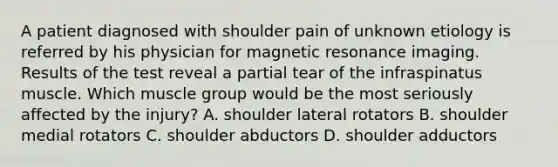 A patient diagnosed with shoulder pain of unknown etiology is referred by his physician for magnetic resonance imaging. Results of the test reveal a partial tear of the infraspinatus muscle. Which muscle group would be the most seriously affected by the injury? A. shoulder lateral rotators B. shoulder medial rotators C. shoulder abductors D. shoulder adductors