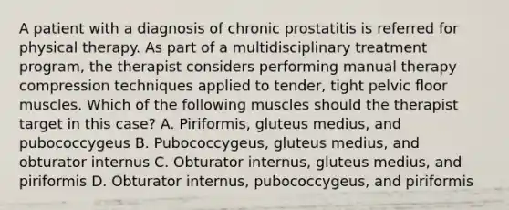 A patient with a diagnosis of chronic prostatitis is referred for physical therapy. As part of a multidisciplinary treatment program, the therapist considers performing manual therapy compression techniques applied to tender, tight pelvic floor muscles. Which of the following muscles should the therapist target in this case? A. Piriformis, gluteus medius, and pubococcygeus B. Pubococcygeus, gluteus medius, and obturator internus C. Obturator internus, gluteus medius, and piriformis D. Obturator internus, pubococcygeus, and piriformis