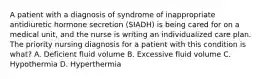 A patient with a diagnosis of syndrome of inappropriate antidiuretic hormone secretion (SIADH) is being cared for on a medical unit, and the nurse is writing an individualized care plan. The priority nursing diagnosis for a patient with this condition is what? A. Deficient fluid volume B. Excessive fluid volume C. Hypothermia D. Hyperthermia