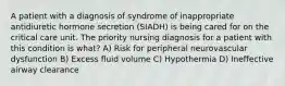 A patient with a diagnosis of syndrome of inappropriate antidiuretic hormone secretion (SIADH) is being cared for on the critical care unit. The priority nursing diagnosis for a patient with this condition is what? A) Risk for peripheral neurovascular dysfunction B) Excess fluid volume C) Hypothermia D) Ineffective airway clearance