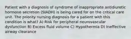 Patient with a diagnosis of syndrome of inappropriate antidiuretic hormone secretion (SIADH) is being cared for on the critical care unit. The priority nursing diagnosis for a patient with this condition is what? A) Risk for peripheral neurovascular dysfunction B) Excess fluid volume C) Hypothermia D) Ineffective airway clearance