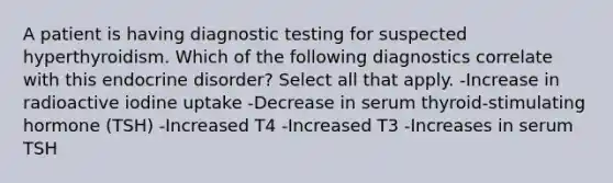 A patient is having diagnostic testing for suspected hyperthyroidism. Which of the following diagnostics correlate with this endocrine disorder? Select all that apply. -Increase in radioactive iodine uptake -Decrease in serum thyroid-stimulating hormone (TSH) -Increased T4 -Increased T3 -Increases in serum TSH