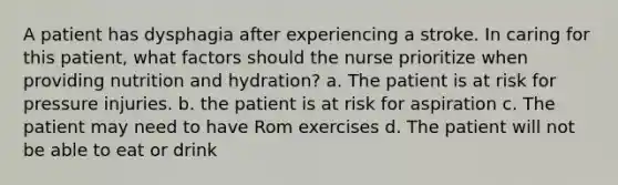 A patient has dysphagia after experiencing a stroke. In caring for this patient, what factors should the nurse prioritize when providing nutrition and hydration? a. The patient is at risk for pressure injuries. b. the patient is at risk for aspiration c. The patient may need to have Rom exercises d. The patient will not be able to eat or drink