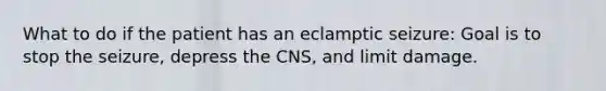 What to do if the patient has an eclamptic seizure: Goal is to stop the seizure, depress the CNS, and limit damage.