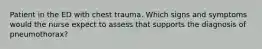 Patient in the ED with chest trauma. Which signs and symptoms would the nurse expect to assess that supports the diagnosis of pneumothorax?