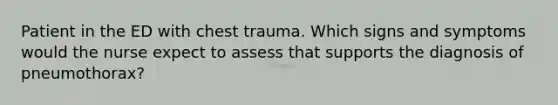 Patient in the ED with chest trauma. Which signs and symptoms would the nurse expect to assess that supports the diagnosis of pneumothorax?