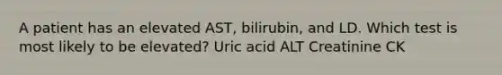 A patient has an elevated AST, bilirubin, and LD. Which test is most likely to be elevated? Uric acid ALT Creatinine CK