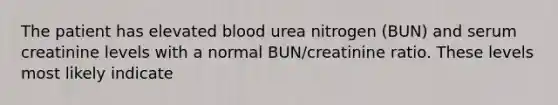 The patient has elevated blood urea nitrogen (BUN) and serum creatinine levels with a normal BUN/creatinine ratio. These levels most likely indicate