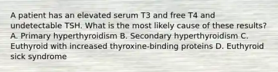 A patient has an elevated serum T3 and free T4 and undetectable TSH. What is the most likely cause of these results? A. Primary hyperthyroidism B. Secondary hyperthyroidism C. Euthyroid with increased thyroxine-binding proteins D. Euthyroid sick syndrome