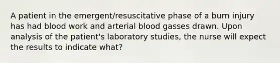 A patient in the emergent/resuscitative phase of a burn injury has had blood work and arterial blood gasses drawn. Upon analysis of the patient's laboratory studies, the nurse will expect the results to indicate what?