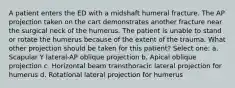 A patient enters the ED with a midshaft humeral fracture. The AP projection taken on the cart demonstrates another fracture near the surgical neck of the humerus. The patient is unable to stand or rotate the humerus because of the extent of the trauma. What other projection should be taken for this patient? Select one: a. Scapular Y lateral-AP oblique projection b. Apical oblique projection c. Horizontal beam transthoracic lateral projection for humerus d. Rotational lateral projection for humerus