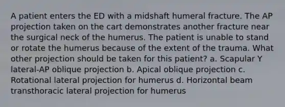 A patient enters the ED with a midshaft humeral fracture. The AP projection taken on the cart demonstrates another fracture near the surgical neck of the humerus. The patient is unable to stand or rotate the humerus because of the extent of the trauma. What other projection should be taken for this patient? a. Scapular Y lateral-AP oblique projection b. Apical oblique projection c. Rotational lateral projection for humerus d. Horizontal beam transthoracic lateral projection for humerus