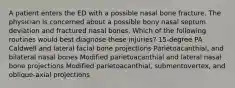 A patient enters the ED with a possible nasal bone fracture. The physician is concerned about a possible bony nasal septum deviation and fractured nasal bones. Which of the following routines would best diagnose these injuries? 15-degree PA Caldwell and lateral facial bone projections Parietoacanthial, and bilateral nasal bones Modified parietoacanthial and lateral nasal bone projections Modified parietoacanthial, submentovertex, and oblique-axial projections