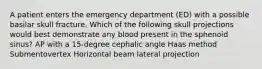 A patient enters the emergency department (ED) with a possible basilar skull fracture. Which of the following skull projections would best demonstrate any blood present in the sphenoid sinus? AP with a 15-degree cephalic angle Haas method Submentovertex Horizontal beam lateral projection