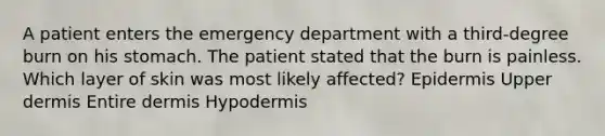 A patient enters the emergency department with a third-degree burn on his stomach. The patient stated that the burn is painless. Which layer of skin was most likely affected? Epidermis Upper dermis Entire dermis Hypodermis