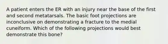 A patient enters the ER with an injury near the base of the first and second metatarsals. The basic foot projections are inconclusive on demonstrating a fracture to the medial cuneiform. Which of the following projections would best demonstrate this bone?