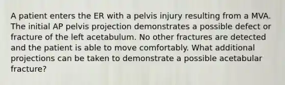 A patient enters the ER with a pelvis injury resulting from a MVA. The initial AP pelvis projection demonstrates a possible defect or fracture of the left acetabulum. No other fractures are detected and the patient is able to move comfortably. What additional projections can be taken to demonstrate a possible acetabular fracture?