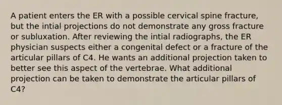 A patient enters the ER with a possible cervical spine fracture, but the intial projections do not demonstrate any gross fracture or subluxation. After reviewing the intial radiographs, the ER physician suspects either a congenital defect or a fracture of the articular pillars of C4. He wants an additional projection taken to better see this aspect of the vertebrae. What additional projection can be taken to demonstrate the articular pillars of C4?