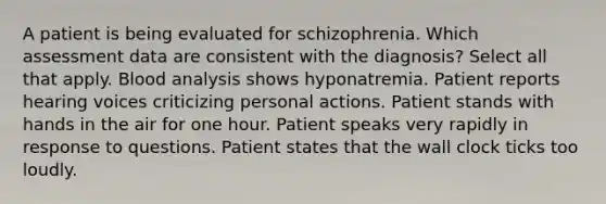 A patient is being evaluated for schizophrenia. Which assessment data are consistent with the diagnosis? Select all that apply. Blood analysis shows hyponatremia. Patient reports hearing voices criticizing personal actions. Patient stands with hands in the air for one hour. Patient speaks very rapidly in response to questions. Patient states that the wall clock ticks too loudly.