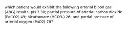 which patient would exhibit the following arterial blood gas (ABG) results; pH 7.30; partial pressure of arterial carbon dioxide (PaCO2) 49; bicarbonate (HCO3-) 26; and partial pressure of arterial oxygen (PaO2) 76?