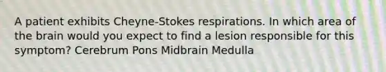 A patient exhibits Cheyne-Stokes respirations. In which area of the brain would you expect to find a lesion responsible for this symptom? Cerebrum Pons Midbrain Medulla