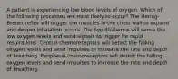 A patient is experiencing low blood levels of oxygen. Which of the following processes are most likely to occur? The Hering-Breuer reflex will trigger the muscles in the chest wall to expand and deeper inhalation occurs. The hypothalamus will sense the low oxygen levels and send signals to trigger for rapid respirations. Central chemoreceptors will detect the falling oxygen levels and send impulses to increase the rate and depth of breathing. Peripheral chemoreceptors will detect the falling oxygen levels and send impulses to increase the rate and depth of breathing.