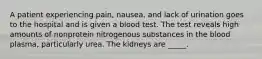 A patient experiencing pain, nausea, and lack of urination goes to the hospital and is given a blood test. The test reveals high amounts of nonprotein nitrogenous substances in the blood plasma, particularly urea. The kidneys are _____.