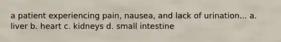 a patient experiencing pain, nausea, and lack of urination... a. liver b. heart c. kidneys d. small intestine