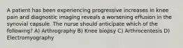 A patient has been experiencing progressive increases in knee pain and diagnostic imaging reveals a worsening effusion in the synovial capsule. The nurse should anticipate which of the following? A) Arthrography B) Knee biopsy C) Arthrocentesis D) Electromyography