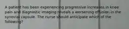 A patient has been experiencing progressive increases in knee pain and diagnostic imaging reveals a worsening effusion in the synovial capsule. The nurse should anticipate which of the following?