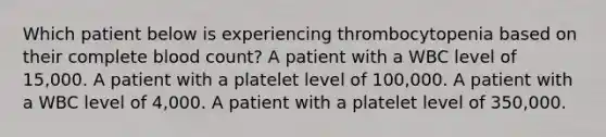 Which patient below is experiencing thrombocytopenia based on their complete blood count? A patient with a WBC level of 15,000. A patient with a platelet level of 100,000. A patient with a WBC level of 4,000. A patient with a platelet level of 350,000.