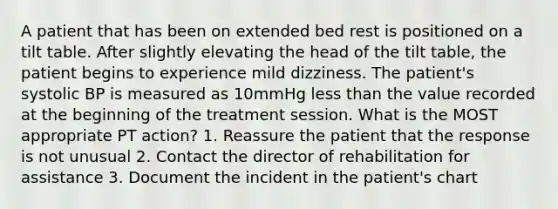 A patient that has been on extended bed rest is positioned on a tilt table. After slightly elevating the head of the tilt table, the patient begins to experience mild dizziness. The patient's systolic BP is measured as 10mmHg less than the value recorded at the beginning of the treatment session. What is the MOST appropriate PT action? 1. Reassure the patient that the response is not unusual 2. Contact the director of rehabilitation for assistance 3. Document the incident in the patient's chart