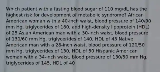 Which patient with a fasting blood sugar of 110 mg/dL has the highest risk for development of metabolic syndrome? African American woman with a 40-inch waist, blood pressure of 140/90 mm Hg, triglycerides of 180, and high-density lipoprotein (HDL) of 25 Asian American man with a 30-inch waist, blood pressure of 130/60 mm Hg, triglycerides of 140, HDL of 45 Native American man with a 28-inch waist, blood pressure of 120/50 mm Hg, triglycerides of 130, HDL of 50 Hispanic American woman with a 34-inch waist, blood pressure of 130/50 mm Hg, triglycerides of 145, HDL of 40