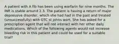 A patient with A fib has been using warfarin for nine months. The INR is stable around 2.3. The patient is having a return of major depressive disorder, which she had had in the past and treated (unsuccessfully) with OTC st johns wort. She has asked for a prescription agent that will not interact with her other daily medications. Which of the following agents would not increase bleeding risk in this patient and could be used for a suitable trial?